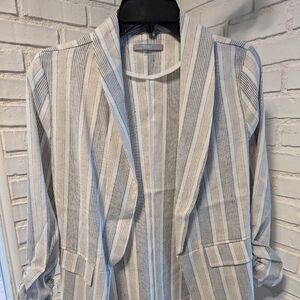 NWT Striped Linen Ruched Sleeve Open Blazer, Size S